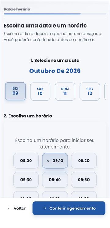 Cliente seleciona uma data e um horário disponível